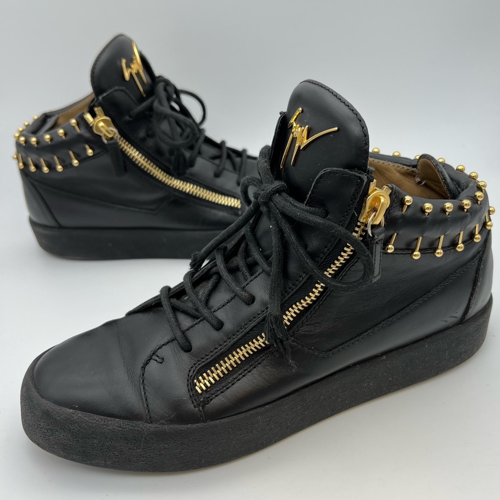 Giuseppe Zanotti Black & Gold Mens 42 Leather Mid-top Sneaker W/ Gold Piercings